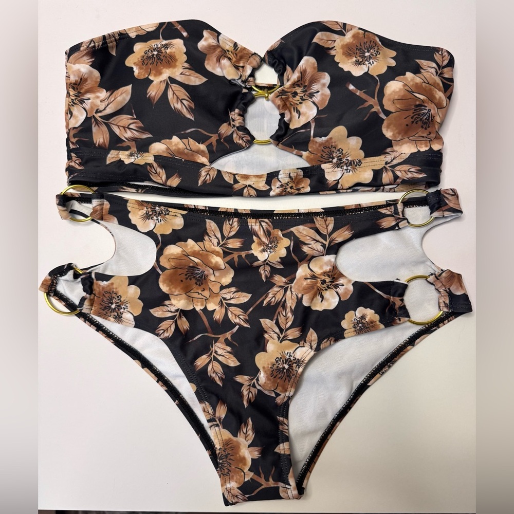 NEW SHEIN Black and Tan Floral Cutout Bandeau Bikini Set Medium Cute Stretchy